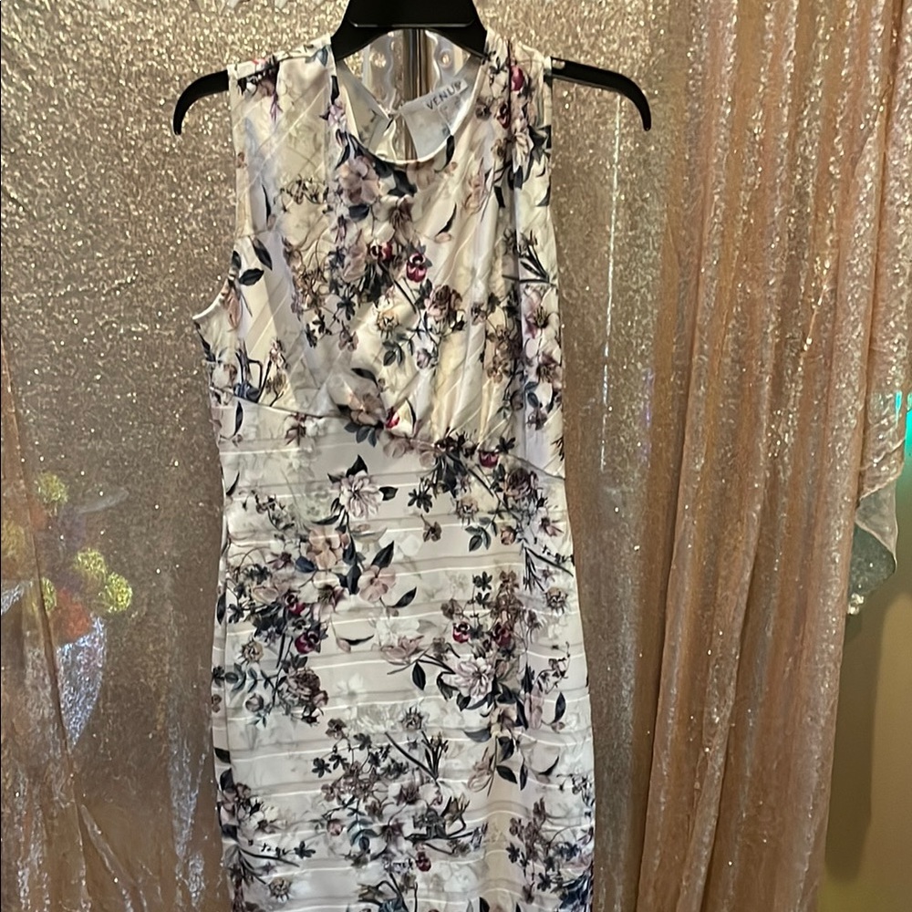 VENUS White Floral Midi Sheath Dress with Pink and Purple Accents